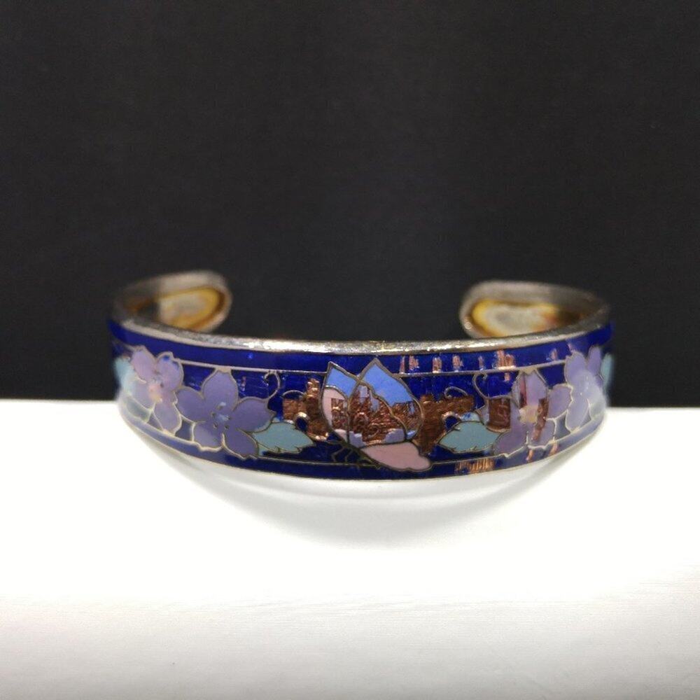 Vintage Blue Cloisonnรฉ Butterfly Floral Cuff Bracelet Enamel Copper 5 1/4"